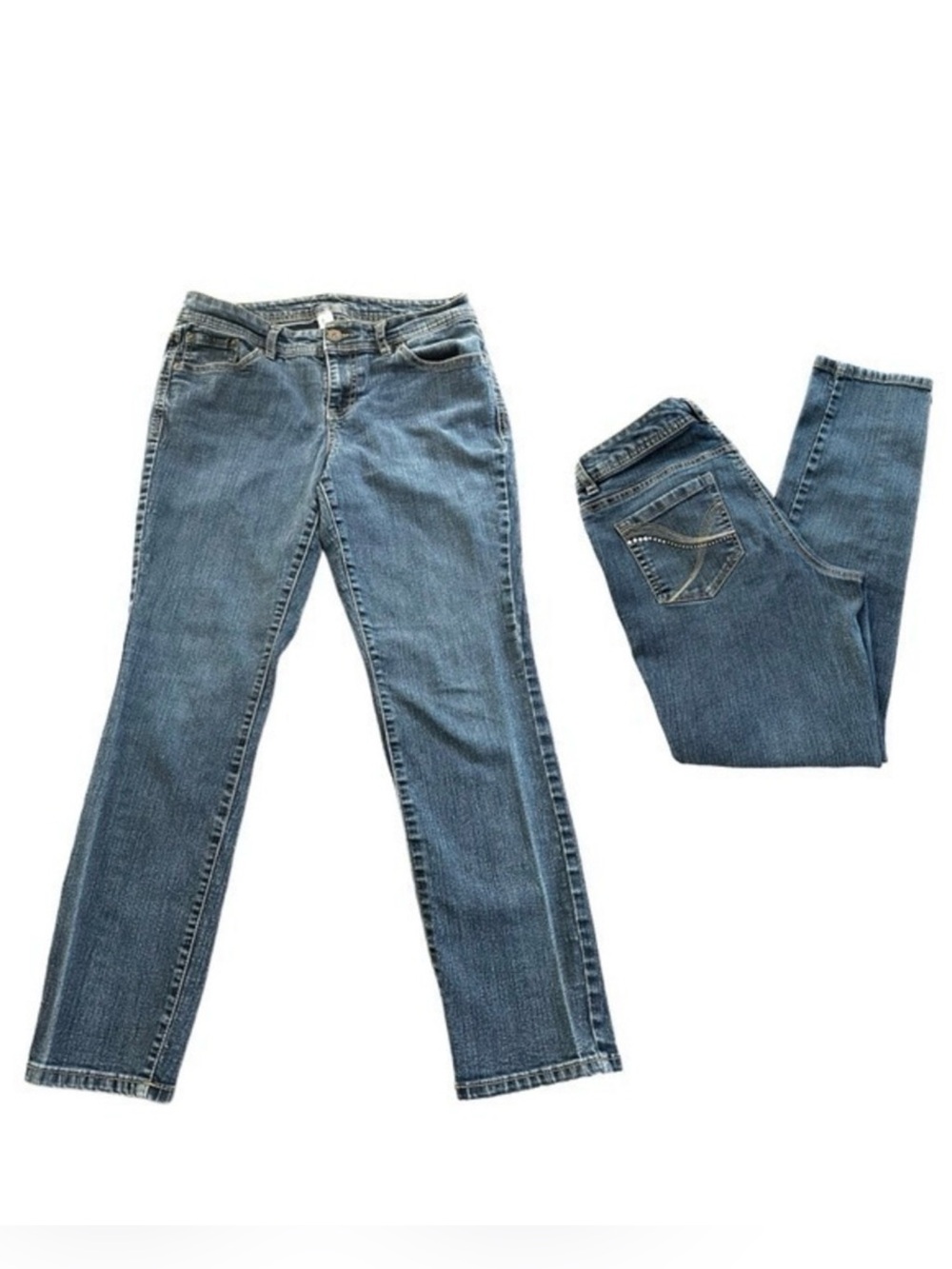 Style & Co Curvy Slim Leg Mid Rise Blue Jeans Studded Embroidered Western Denim